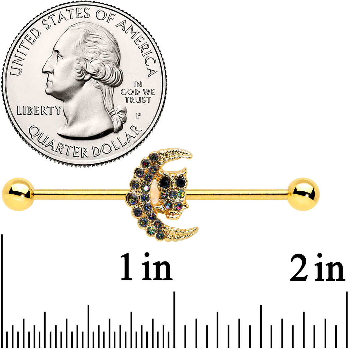 14G Aurora Black Gem Gold Tone Owl Moon Industrial Barbell 38mm