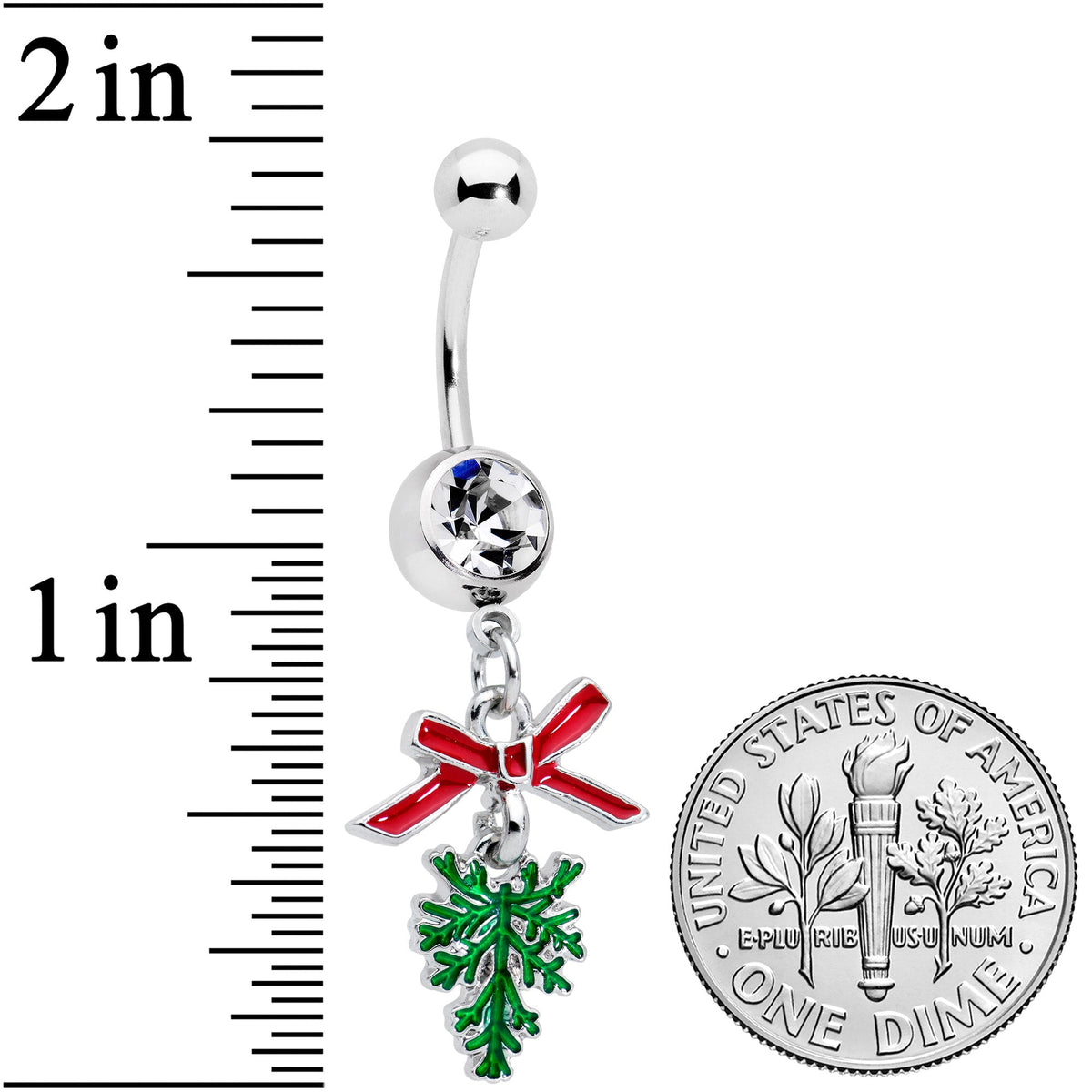 Clear Gem Pine Bough Red Bow Christmas Dangle Belly Ring