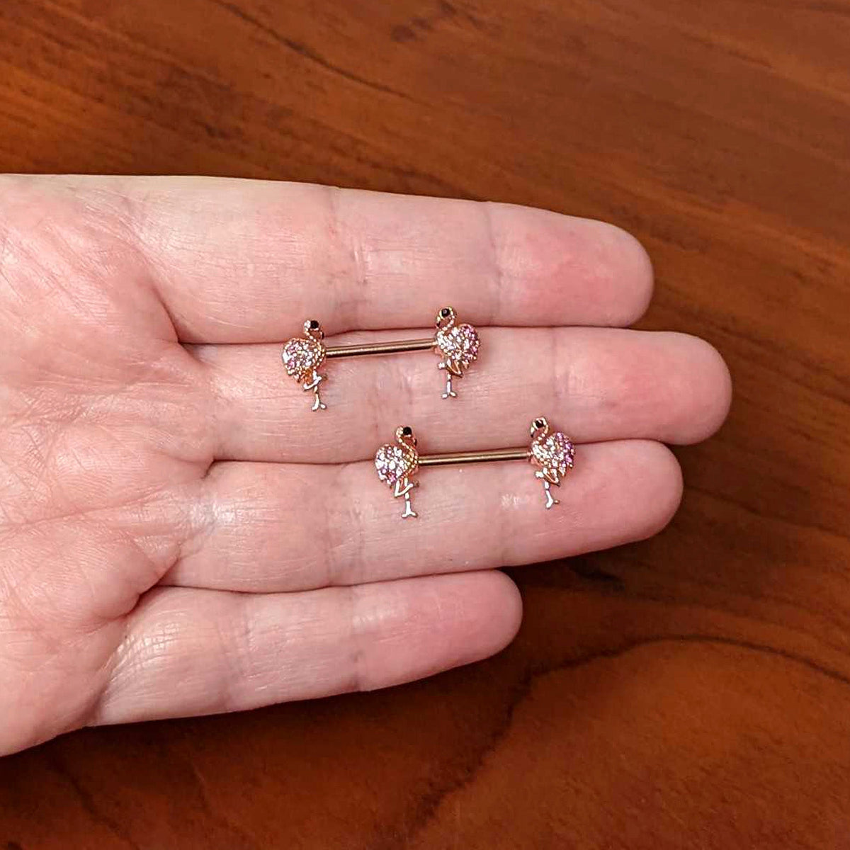 14G 9/16 Pink Gem Rose Gold Hue Fashion Flamingo Nipple Ring Set