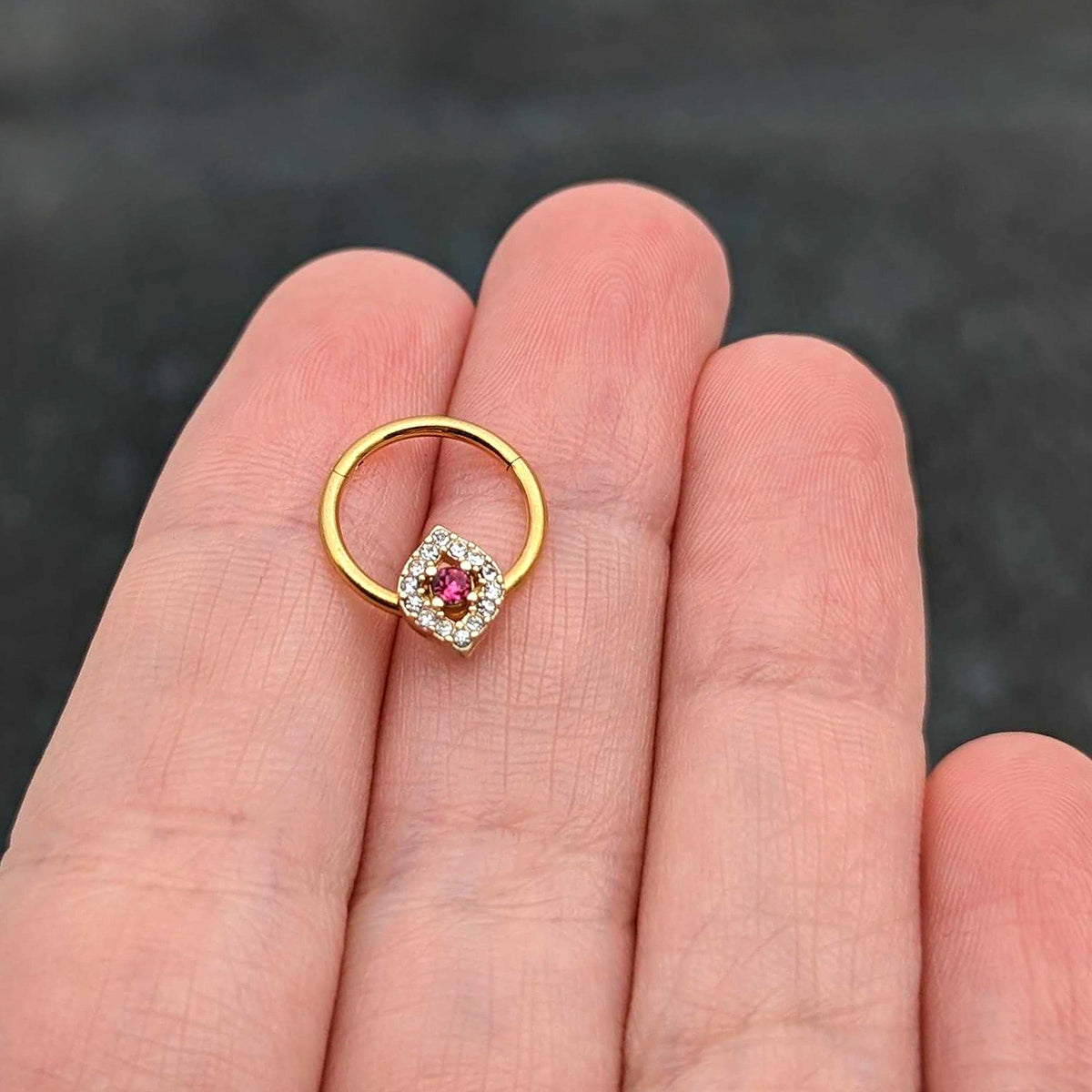 16G 3/8 Clear Pink Gem Gold Tone Open Eye Hinged Segment Ring