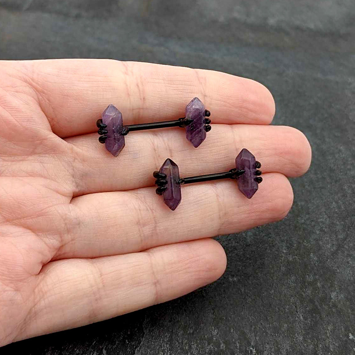 14G 9/16 Purple Amethyst Black Claw Obelisk Barbell Nipple Ring Set