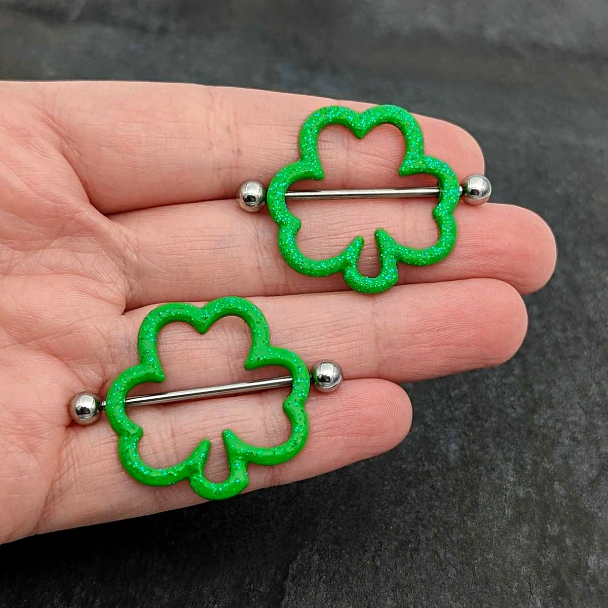 14G 1 3/16 Lucky Shamrock St Patricks Day Green Nipple Shield Set