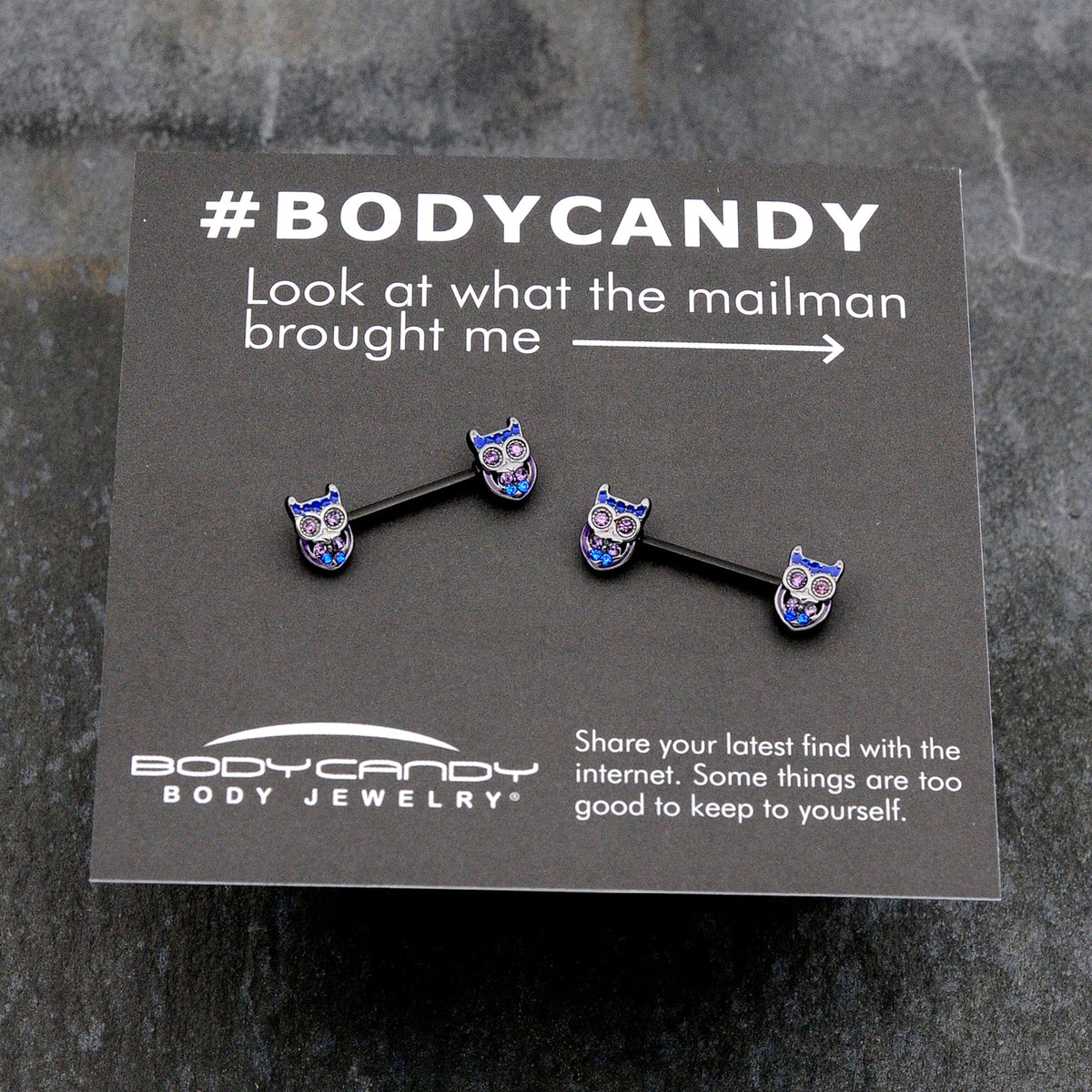 14G 9/16 Purple Blue Gem Black Opulent Owl Barbell Nipple Ring Set