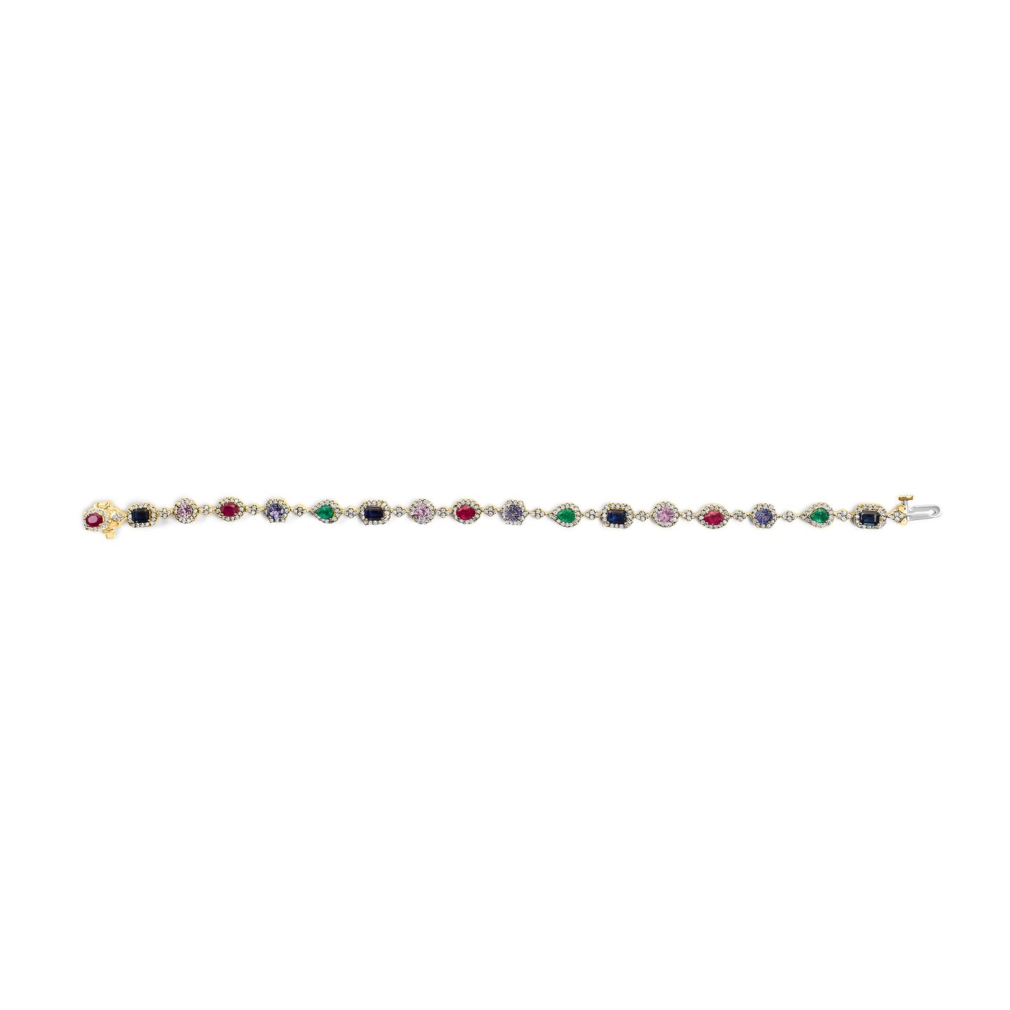 14K Yellow Gold Multi-Gemstone and Diamond Halo Rainbow Link Bracelet