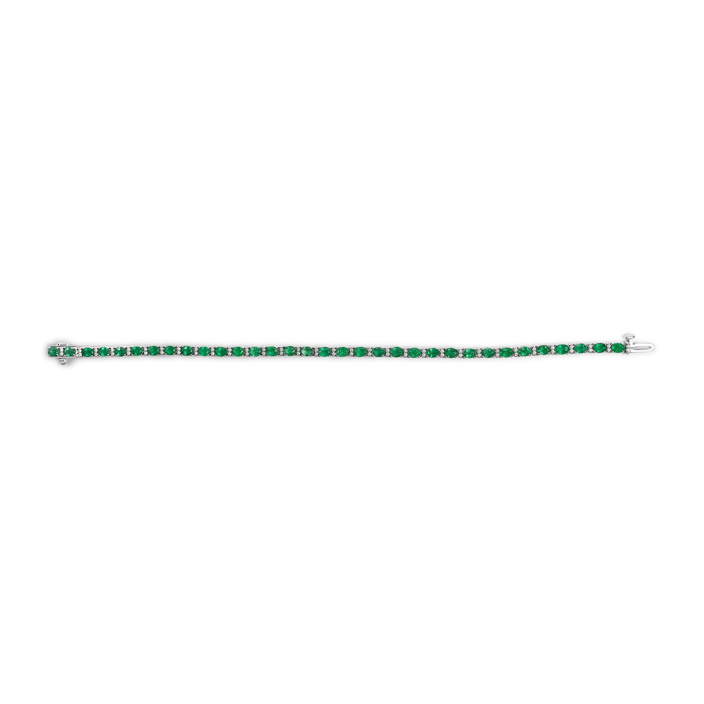 14K White Gold Alternating Oval Green Emerald and Diamond Tennis Bracelet