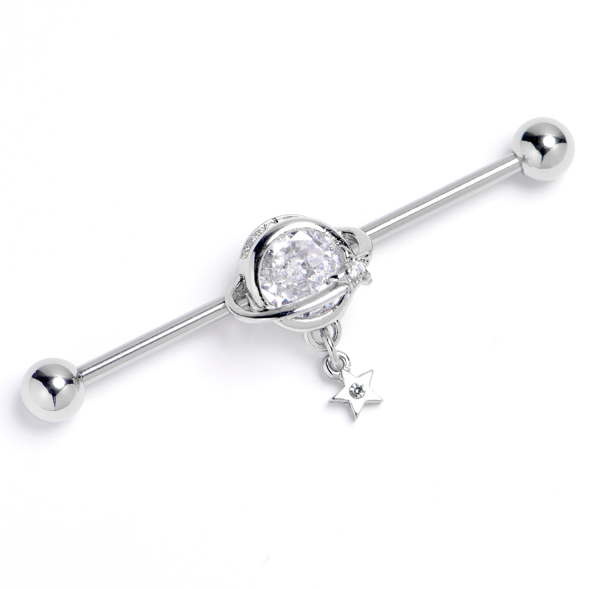 14G Clear Gem Starry Saturn Dangle Industrial Barbell 38mm
