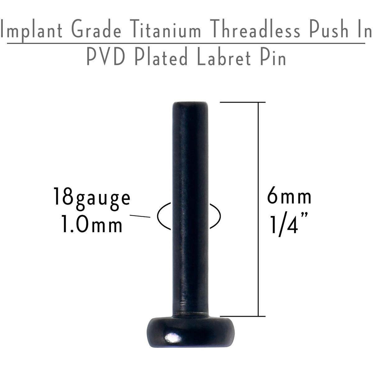 18G 1/4 Black ASTM F-136 Implant Grade Titanium Threadless Post Only Labret