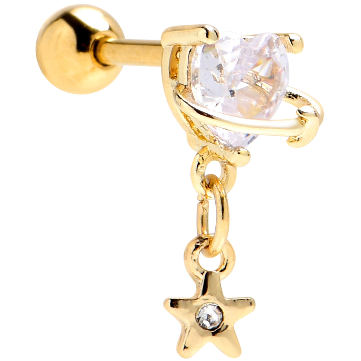 16G 1/4 Clear CZ Gem Gold Hue Starry Saturn Dangle Cartilage Earring