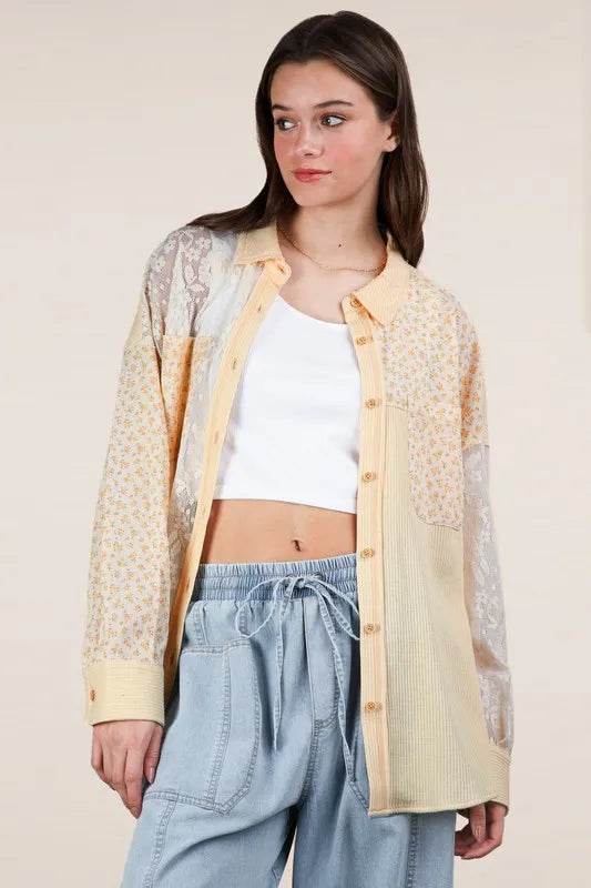VERY J Plus Size Contrast Ribbed Knit Lace Shacket