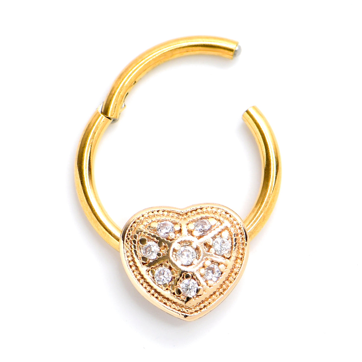 16G 3/8 Clear Gem Gold Tone Ultra Luxe Heart Hinged Segment Ring
