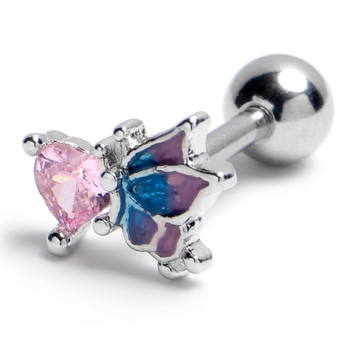 16G 1/4 Pink Gem Heart Butterfly Purple Cartilage Tragus Earring