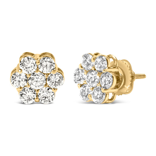 14K Yellow Gold 1 1/2 Cttw 7 Stone Floral Cluster Round Brilliant Cut Diamond Stud Earrings with Screw Backs (I-J Color, SI1-SI2 Clarity)