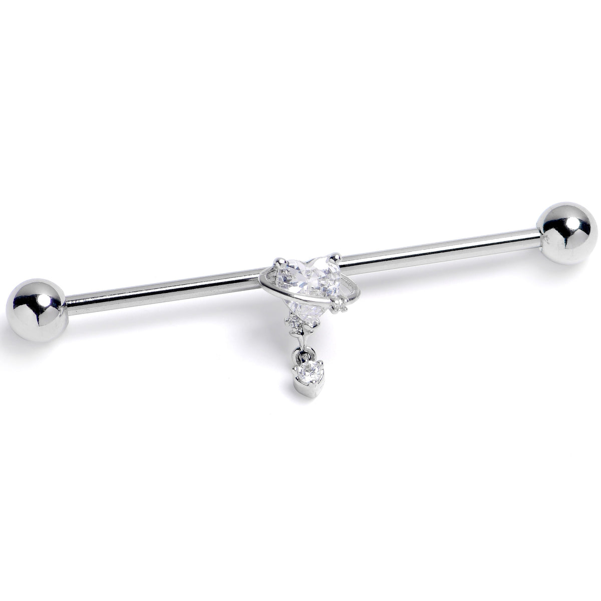14G Clear CZ Gem Saturn Heart Dangle Industrial Barbell 38mm