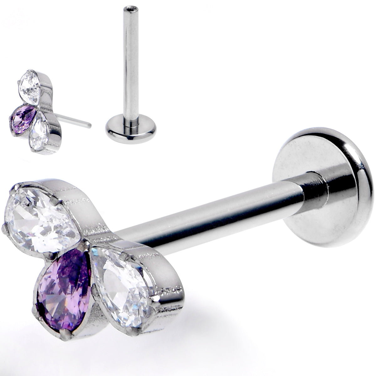 16G 3/8 Purple Gem Grade 23 Titanium Threadless Push In Labret Tragus