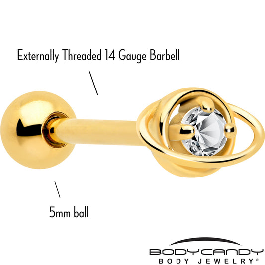 Clear CZ Gem Gold Tone Stylish Saturn Barbell Tongue Ring