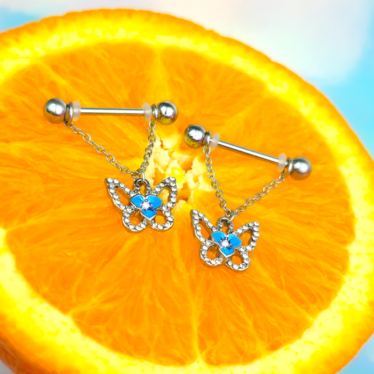 14G 9/16 Clear Gem Fabulous Butterfly Blue Dangle Nipple Ring Set