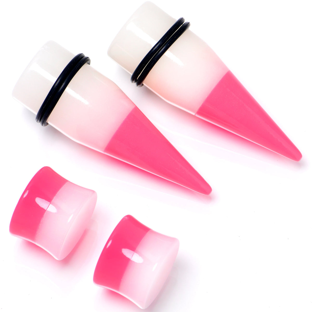 Pink White Acrylic Glow in the Dark Taper Saddle Plug Set 8mm to 16mm Sizes