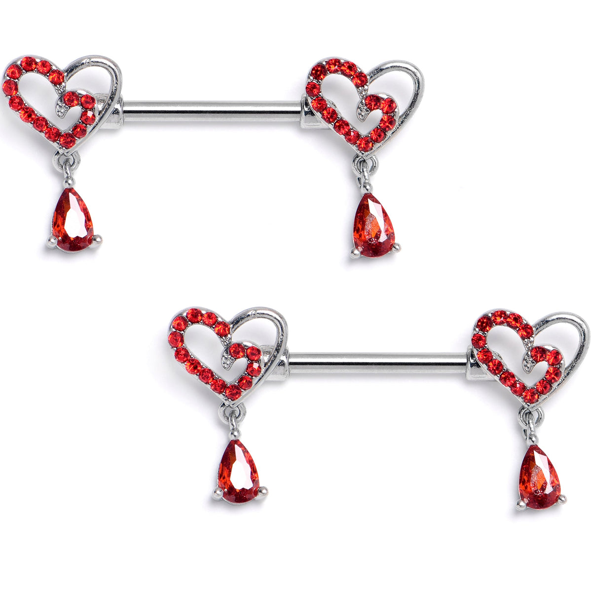 14G 9/16 Red CZ Gem Asymmetrical Heart Dangle Nipple Ring Set