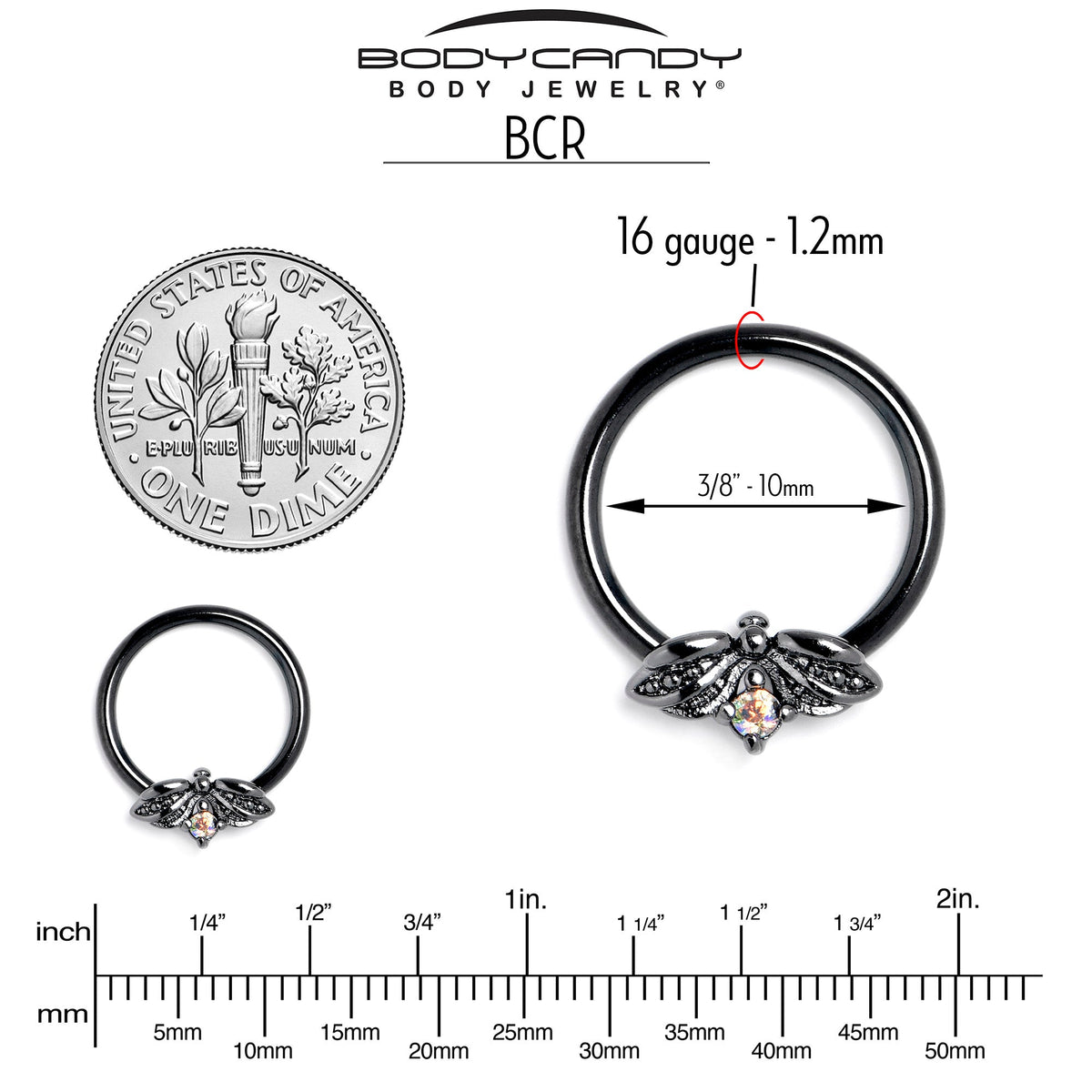 16G 3/8 Aurora Gem Black Beauty Bug BCR Captive Ring
