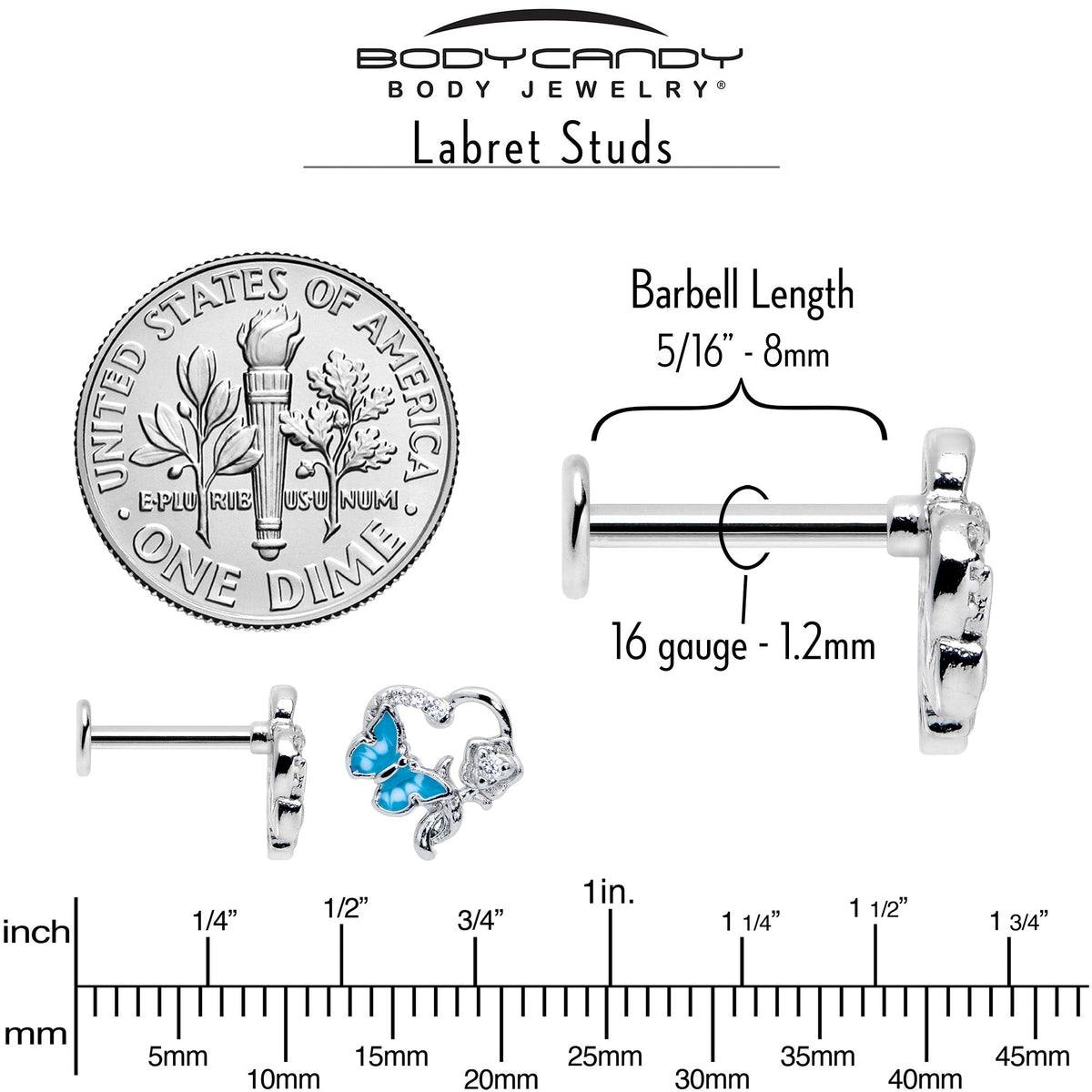 16G 5/16 Clear CZ Gem Butterfly Rose Blue Internally Threaded Labret