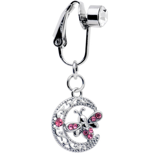 Pink Gem Lunar Dragonfly Fake Clip On Belly Ring
