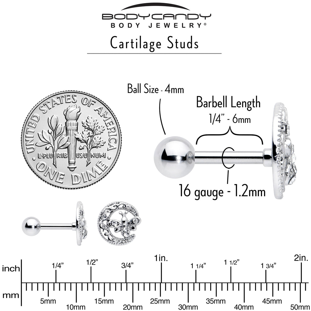 16G 1/4 Clear Gem Lunar Dragonfly Cartilage Tragus Earring