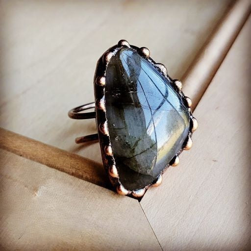 Genuine Labradorite Ring set in Antique Copper