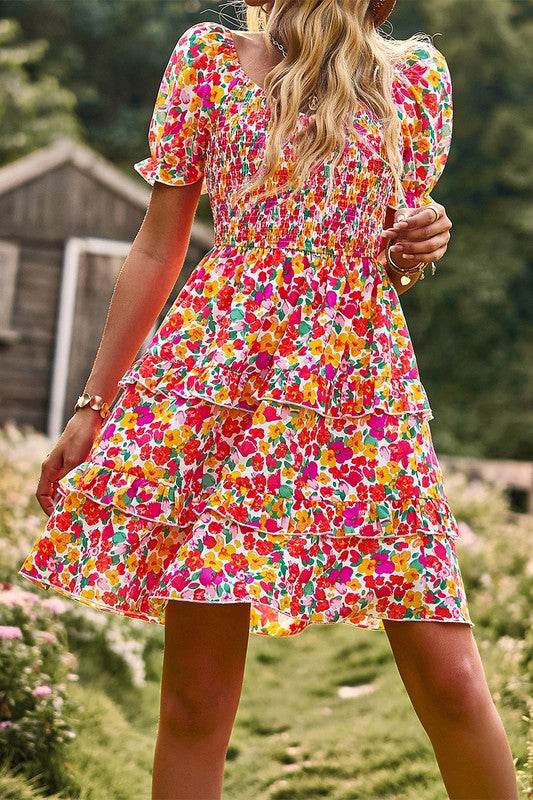 Floral Print Off Shoulder Flounce Sleeve Ruffle He