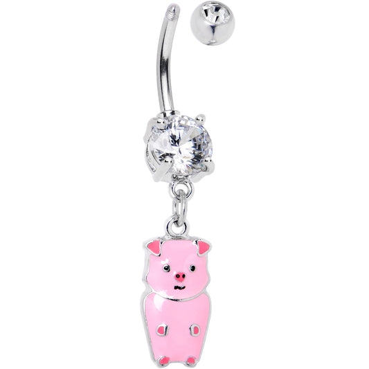 Clear Gem Pretty Pink Piggy Dangle Belly Ring