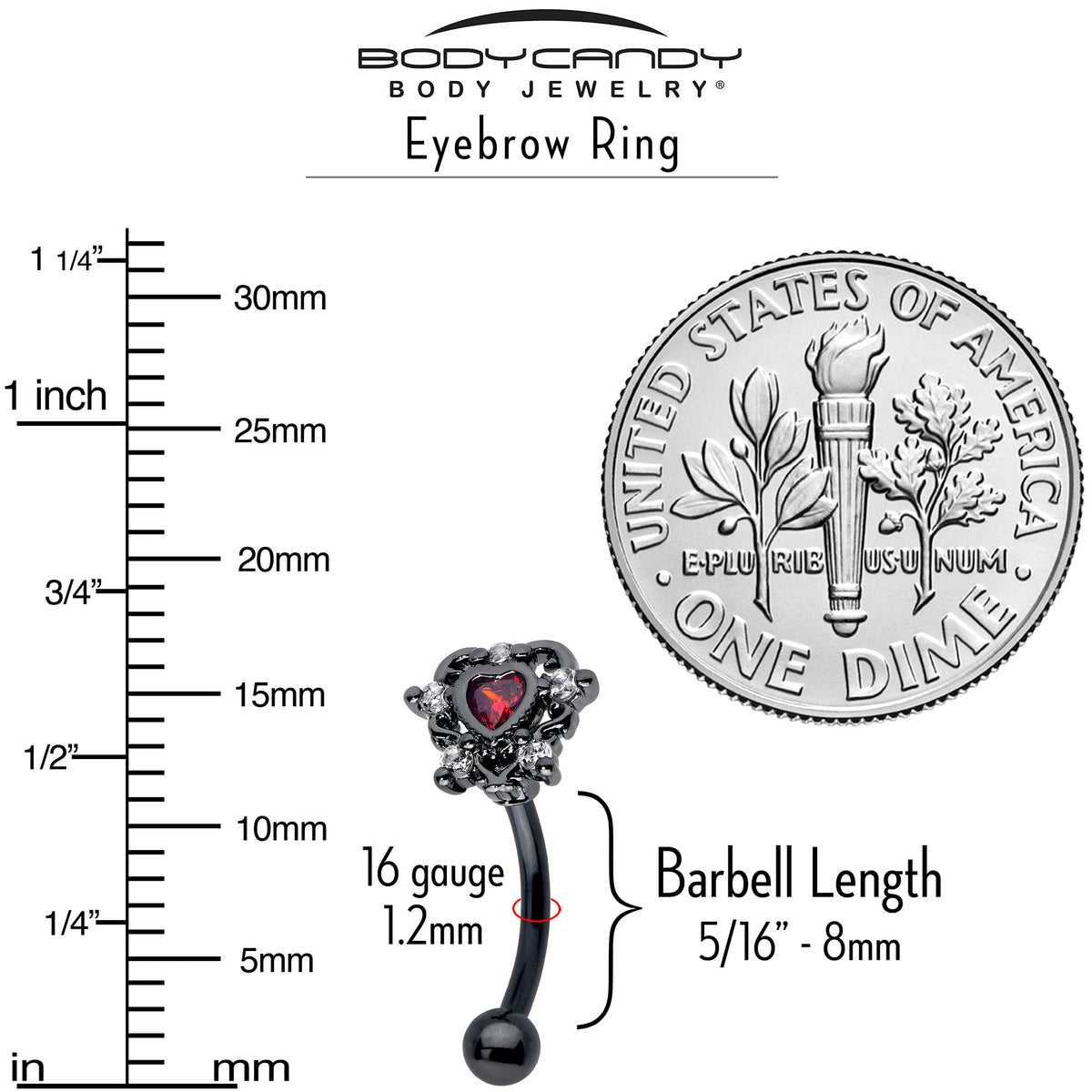 16G 5/16 Red CZ Gem Black Double Heart Curved Eyebrow Ring