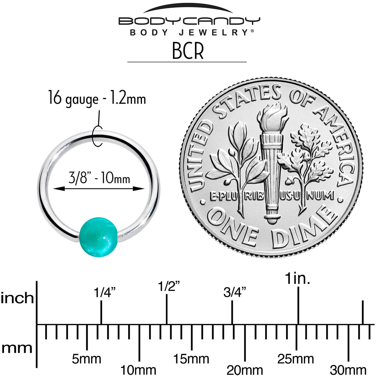 16G 3/8 Simple Opaque Teal Green Ball BCR Captive Bead Ring