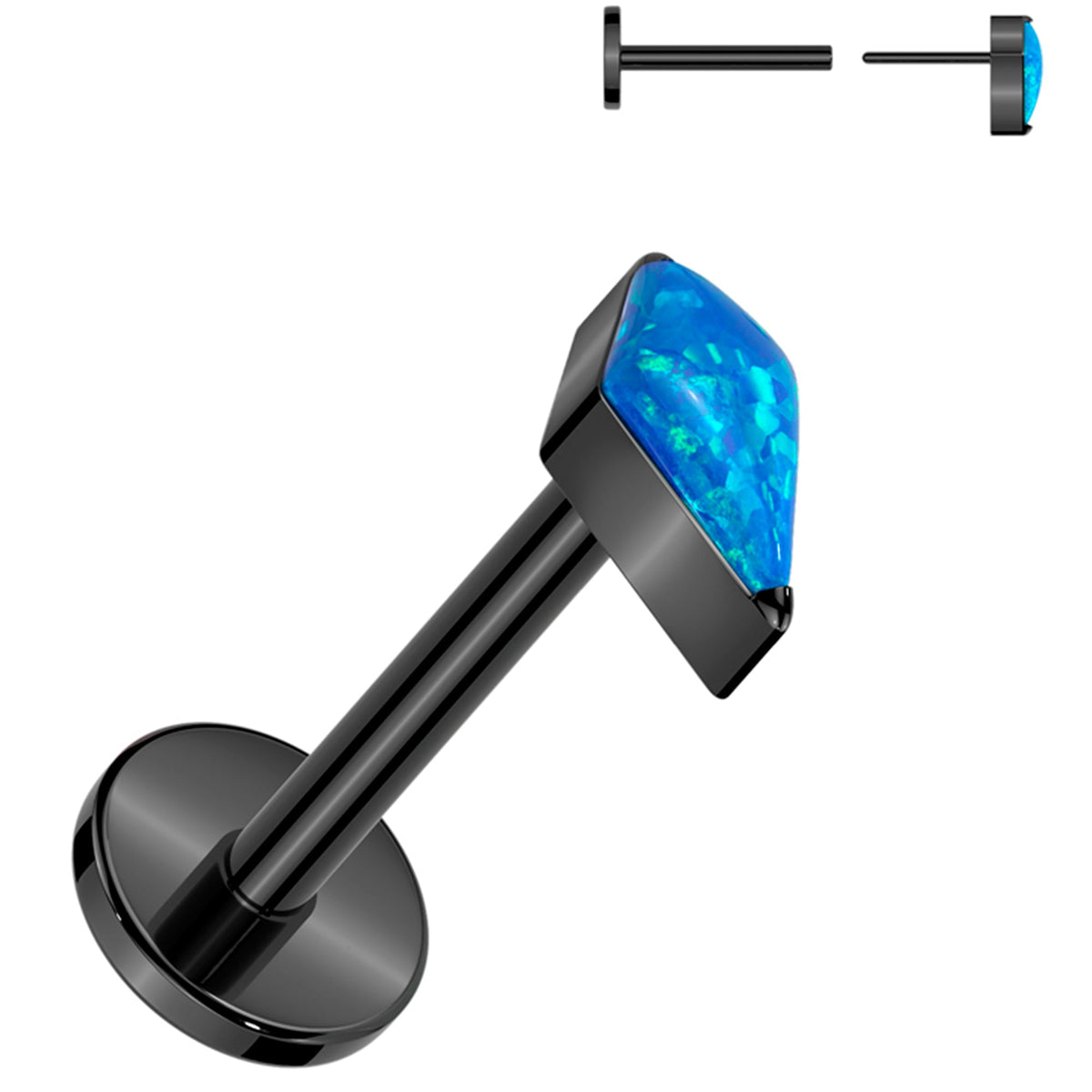 18G 5/16 Blue Synthetic Opal Spear Black PVD Medical Grade Titanium Flat Back Earring