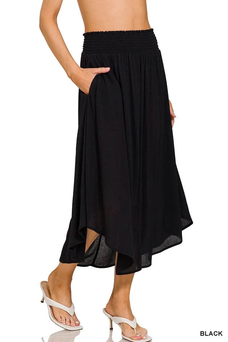 Zenana Woven Crinkle Smocked Waist Maxi Skirt W Pockets