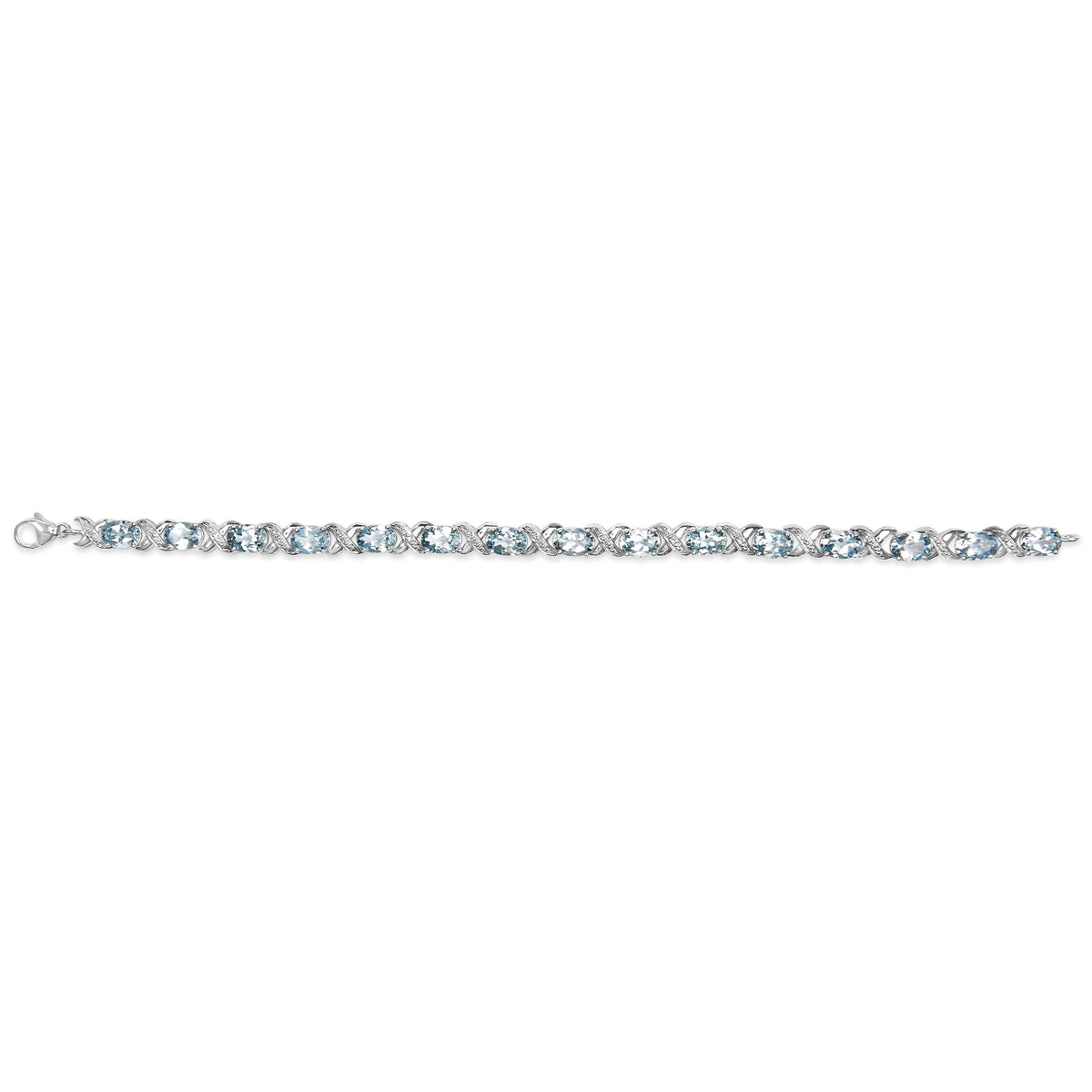 .925 Sterling Silver 16.0 Cttw Oval Blue Topaz and Diamond Accent Tennis X Link Bracelet (I-J Color, I1-I2 Clarity) - Size 7" Inch