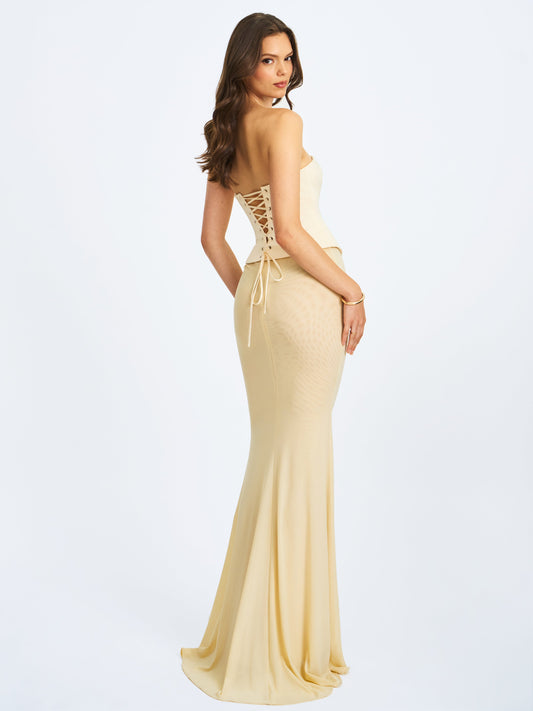 Adelina Butter Yellow Peplum Mermaid Gown with Lace-up Back