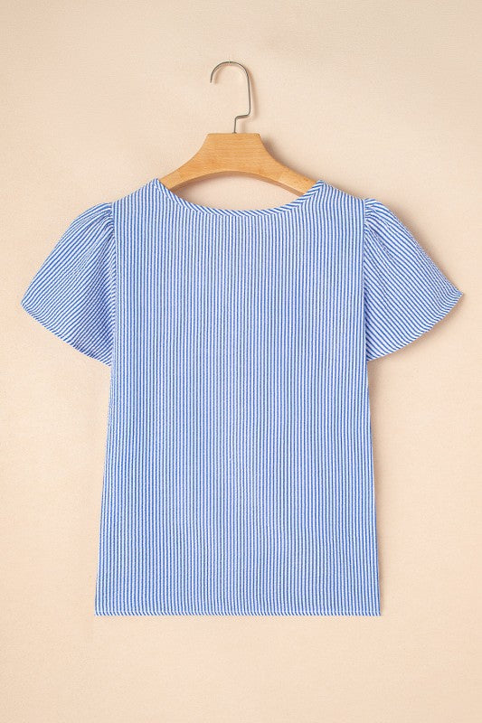 Marisol Stripe Textured Ruffle Square Neck Blouse