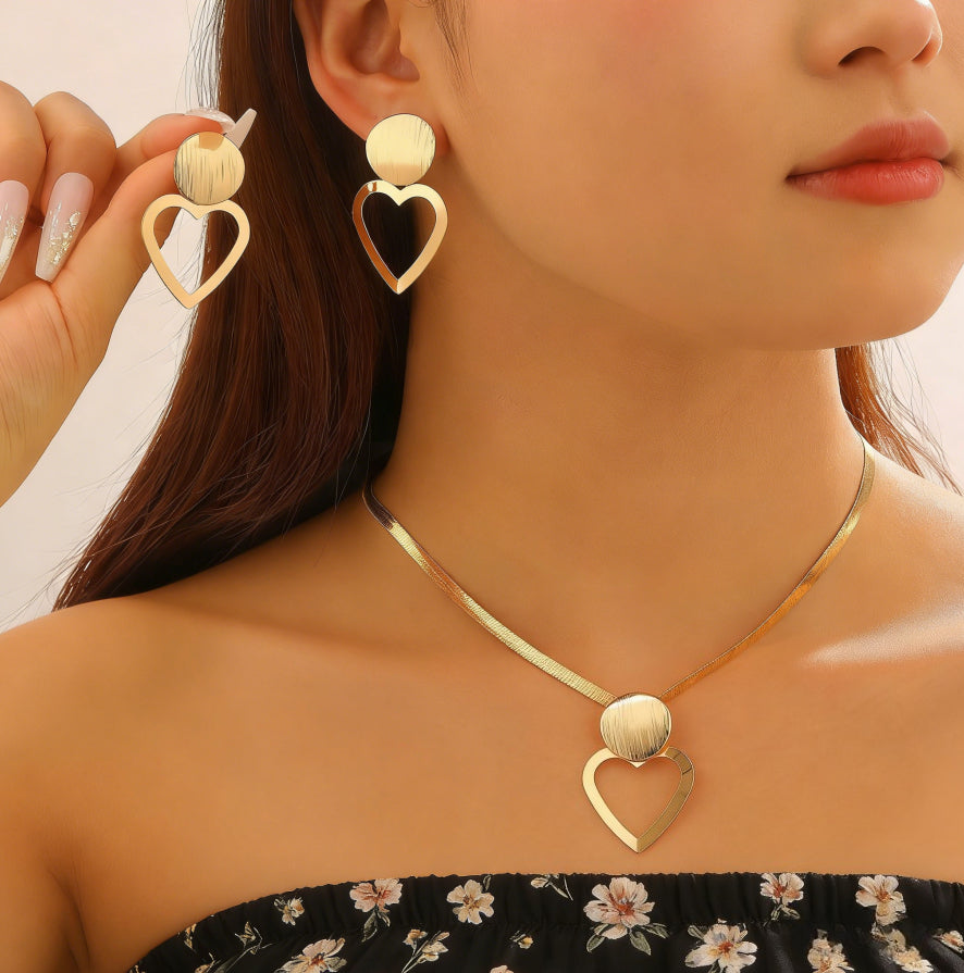 Creative Circle Heart Geometric Pendant Necklace & Earrings Elegant Jewelry Set