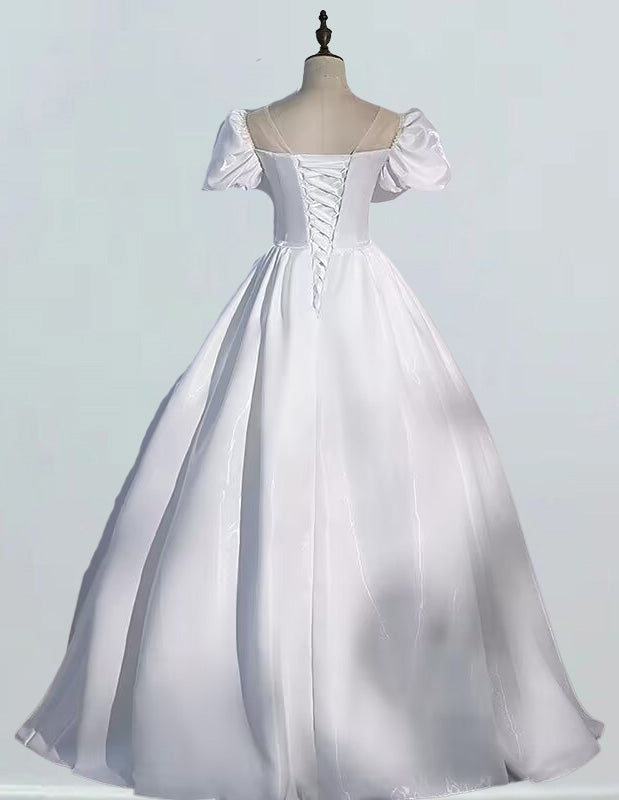 Elegant Ivory Satin Ball Gown | Scoop Neck Prom & Evening Dress