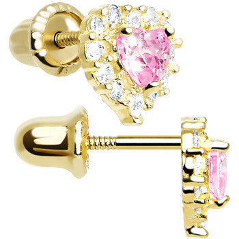 14k Yellow Gold Heart CZ October Birthstone Youth Screwback Earrings