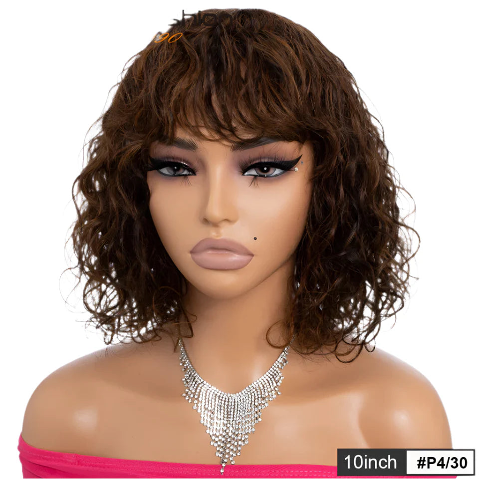 Short Wavy Bob Wig with Bangs | Natural Wave Full Machine Made Human Hair