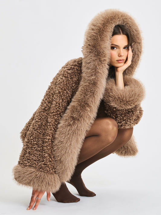 Jumbo Kali Camel Vegan Shearling Fur Trimmed Coat
