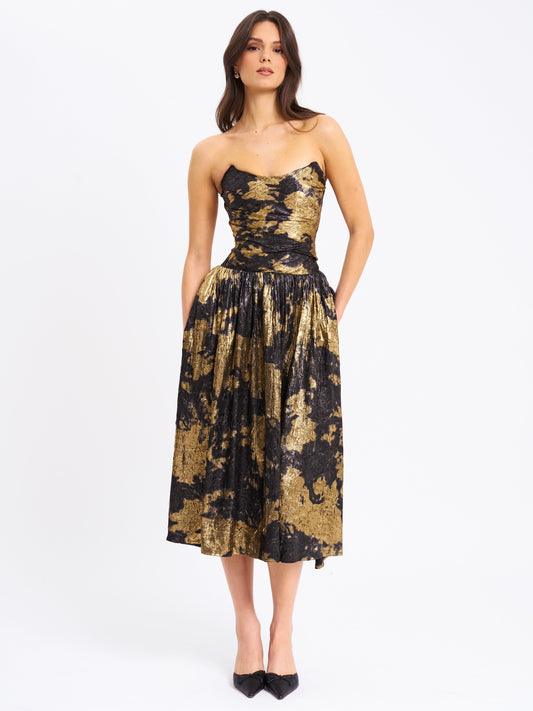 Saanvi Gold Tie Dye Bronzing Strapless Drop Waist Midi Dress
