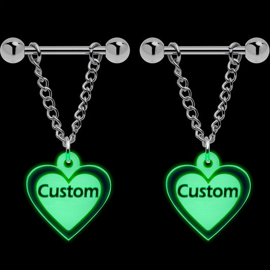 Custom Heart Glow in the Dark Chain Personalized Name Dangle Nipple Ring Set
