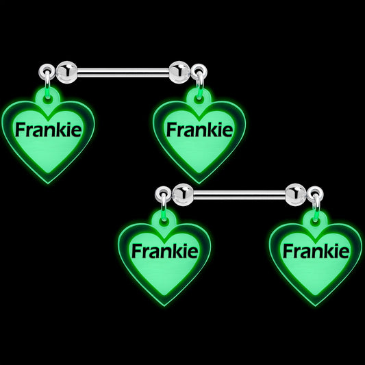 Custom Heart Glow in the Dark Double Personalized Name Dangle Nipple Ring Set