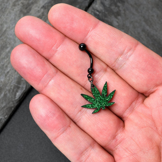 Green Glitter Marijuana Pot Leaf Black Dangle Belly Ring