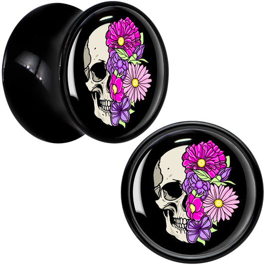Floral Flowers Skull Black Acrylic Saddle Plug Set 8mm to 20mm by Onyx O
