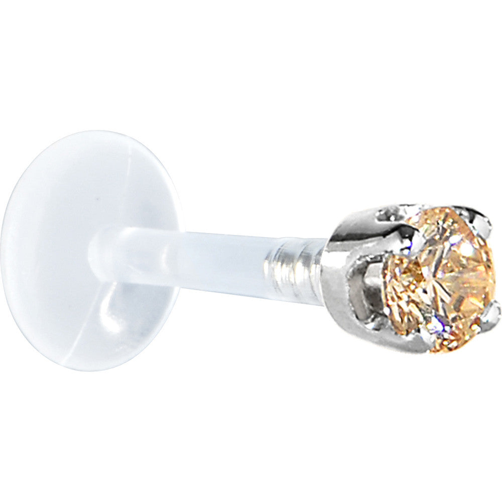 16G 5/16 Solid 14K White Gold 3mm Champagne Cubic Zirconia Bioplast Tragus Earring Stud