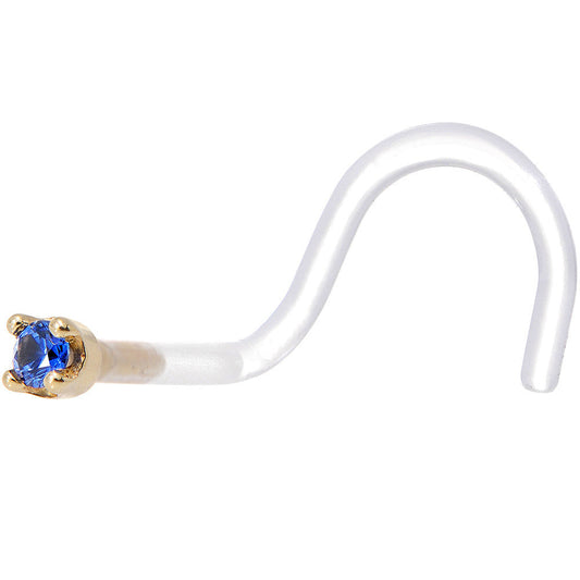 18G 1/4 Yellow Gold 1.5mm Genuine Blue Sapphire Bioplast Nose Ring