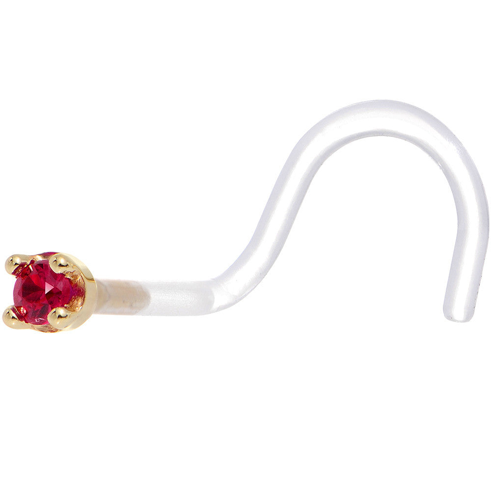 18G 1/4 Yellow Gold 1.5mm Genuine Ruby Bioplast Nose Ring
