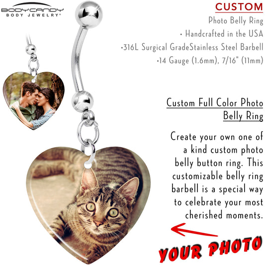 Full Color Dangle Heart Custom Photo Belly Ring